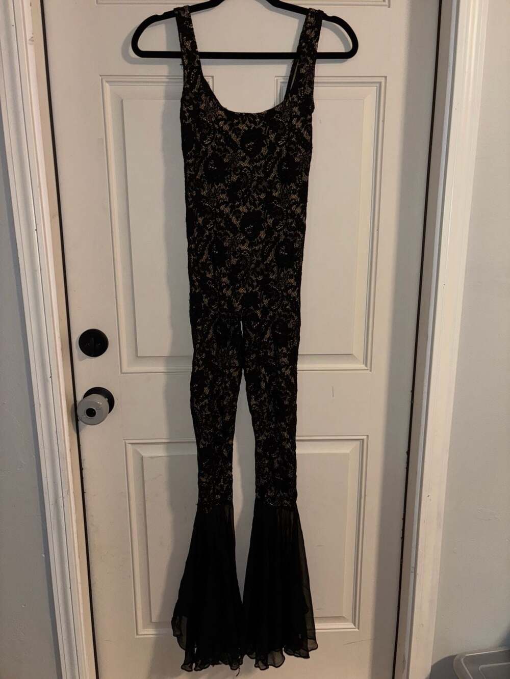 GIA by Gina Vilone Black Lace Flare Jumpsuit with Sheer Bell Bottoms